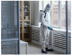 people disinfecting biohazard area